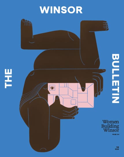 blue magazine cover with illustration of black abstract female figure holding a pink building