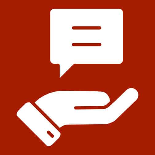 an icon with a speech bubble above an open palm