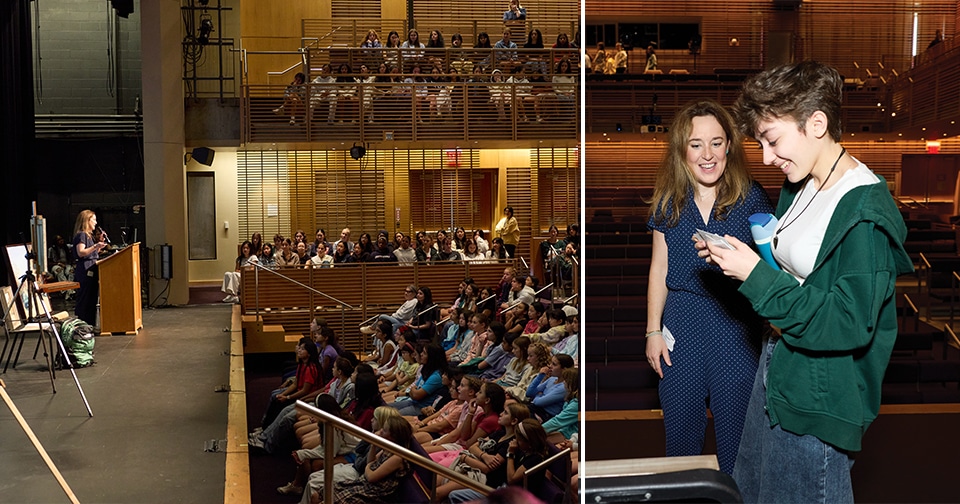 photo collage of woman on stage and two woman talking