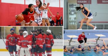 collage of basketball, hockey, swimming, and squash photos