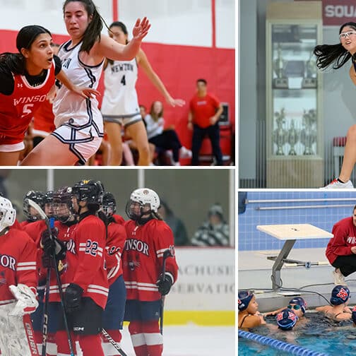 collage of basketball, hockey, swimming, and squash photos